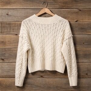 dh New York Sweater Womens XS Ivory Merino Wool Baby Alpaca Cable Knit Mock Neck